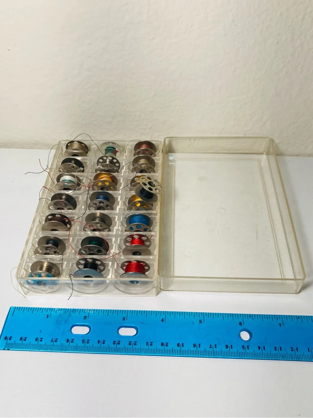 22 Vintage Metal Assorted Sewing Bobbins with Clear Storage Case